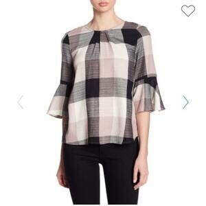 Ro & De Women's Top 3/4 Flare Sleeve Size XS Plaid Pink Gray Bow All Seasons